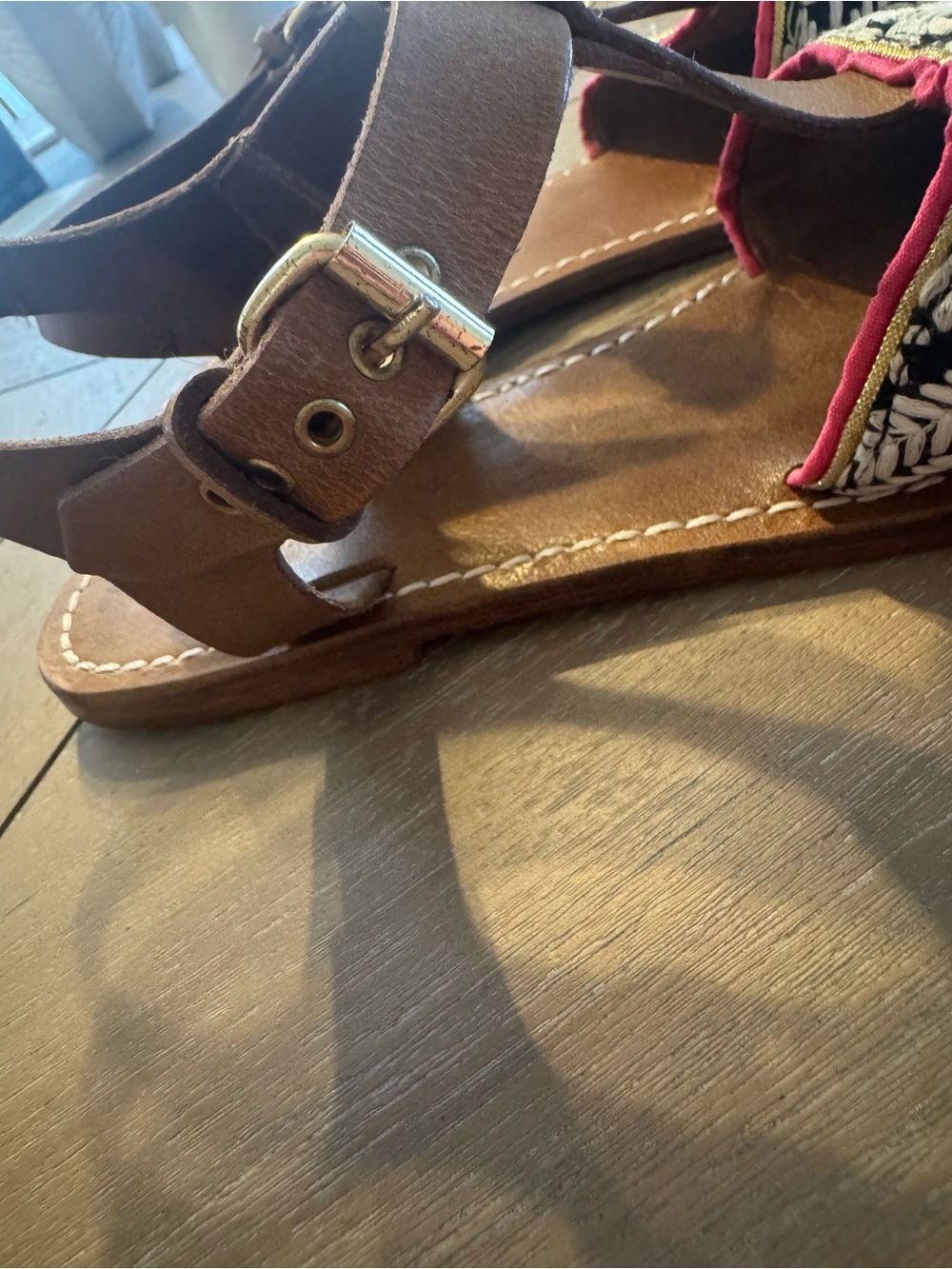 Anthropologie DVLPMNT Brown Genuine Leather Pom-Pom & Embroidered Sandals - Picture 6 of 14